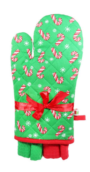 Candy Cane Quilted Oven Mitt Towel Set Christmas