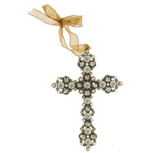 Beige Clear Crystals Pearls Gemstones Ribbon Cross