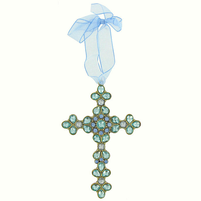 Blue Crystals Cross Organza Ribbon Sapphire Aqua