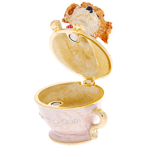 Dog In Teacup Trinket Jewelry Box Ring Holder Sparkling Rhinestones