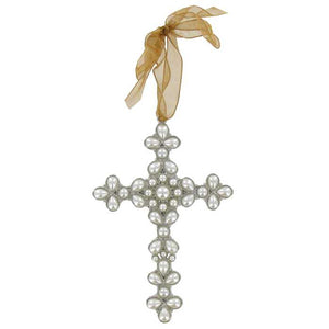 White Pearls Beige Tan Ribbon Pewter Hanging Cross