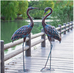 Crane Statues Patina Garden Heron Decoy Standing Metal Sculptures Bird Yard Art Outdoor Decor Set of 2