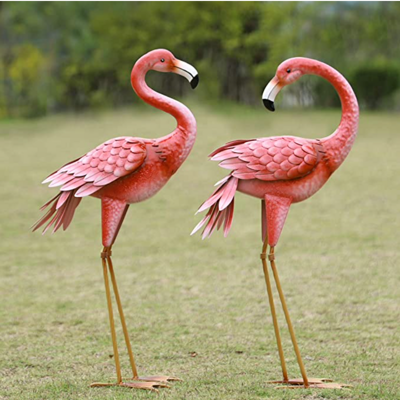 Pink Flamingo Garden Statues Sculptures Metal Birds Yard Art Outdoor Lawn Ornaments Home Patio Backyard Decor Set of 2