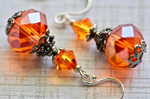 Orange Czech Faceted Glass Bead Crystal Earrings