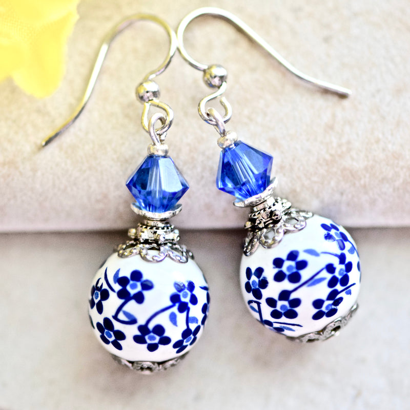 Sapphire Blue Flower White Porcelain Bead Swarovski Crystal Silver Drop Earrings
