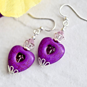 Purple Stone Heart Crystal Silver Earrings