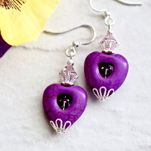Purple Stone Heart Crystal Silver Earrings