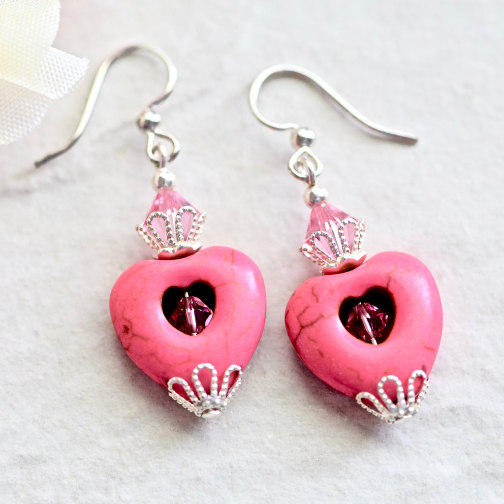 Pink Stone Heart Crystal Silver Earrings