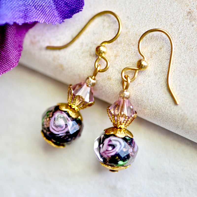 Black Lavender Lampwork Glass Crystal Gold Earrings