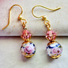 White Pink Lampwork Glass Crystal Gold Earrings