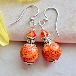 Orange Glass Balls Crystal Silver Earrings