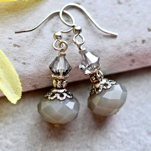Gray Beige Glass Bead Crystals Silver Earrings