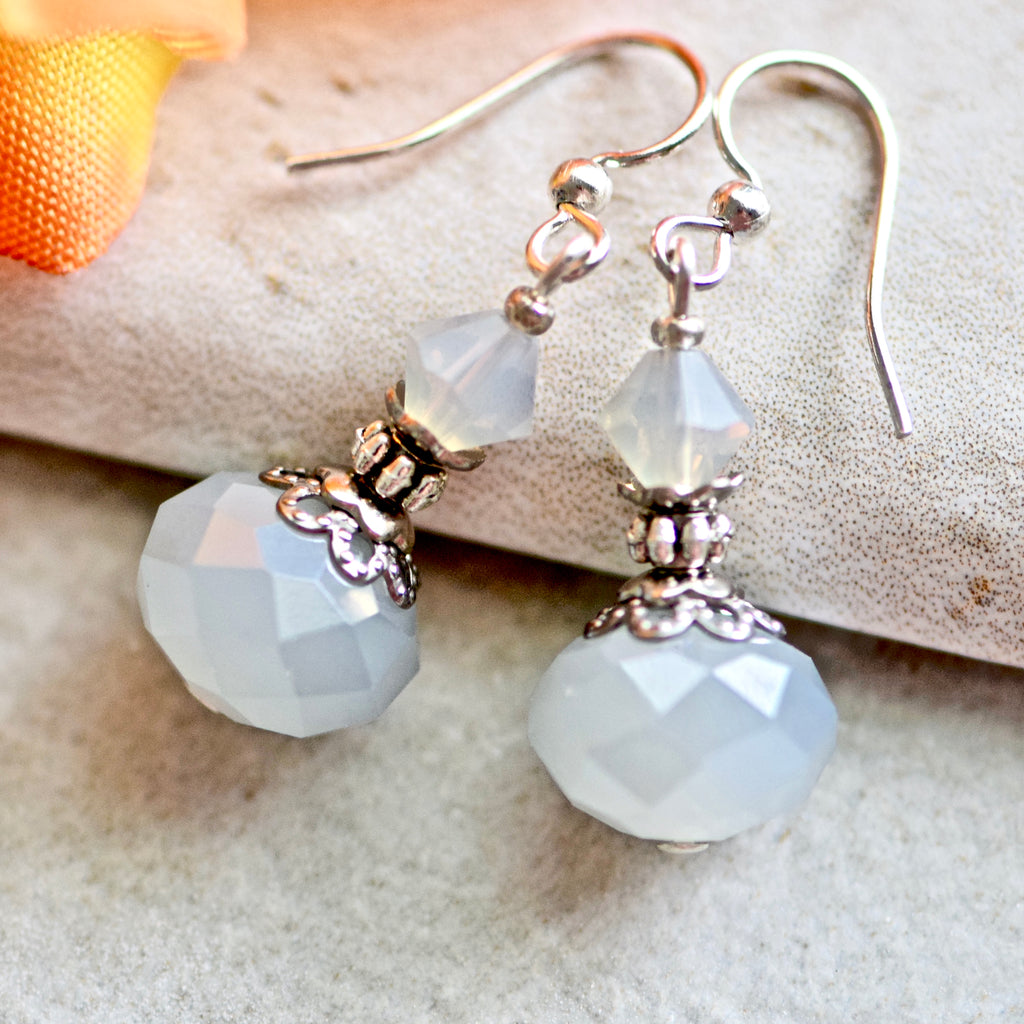 Light Gray Grey Faceted Glass Crystal Silver Earrings