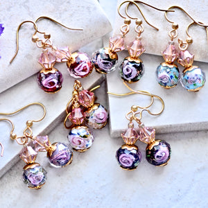 White Pink Lampwork Glass Crystal Gold Earrings