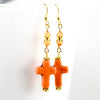 Orange Stone Cross Crystals Gold Earrings