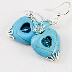 Turquoise Blue Heart Crystal Silver Earrings