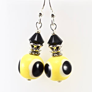 Yellow Black Dots Glass Crystal Silver Earrings