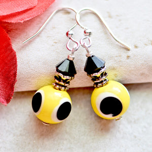 Yellow Black Dots Glass Crystal Silver Earrings