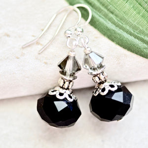 Black Faceted Rondelle Glass Bead Crystal Silver Earrings