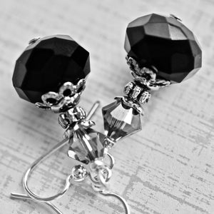 Black Faceted Rondelle Glass Bead Crystal Silver Earrings