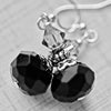 Black Faceted Rondelle Glass Bead Crystal Silver Earrings