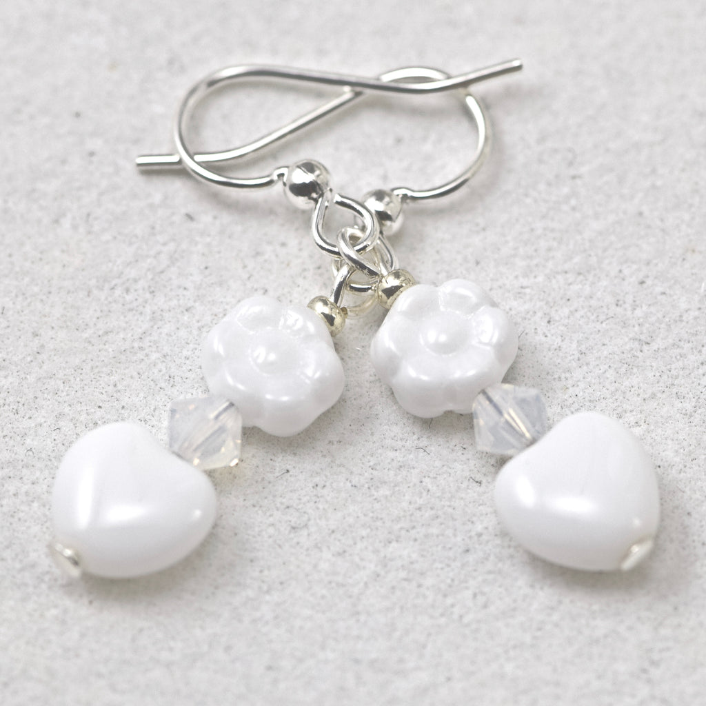 White Czech Flower Heart Glass Bead Crystal Silver Earrings