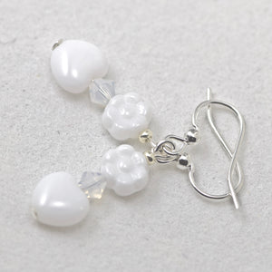 White Czech Flower Heart Glass Bead Crystal Silver Earrings