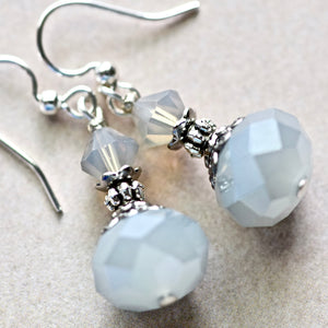 Light Gray Grey Faceted Glass Crystal Silver Earrings