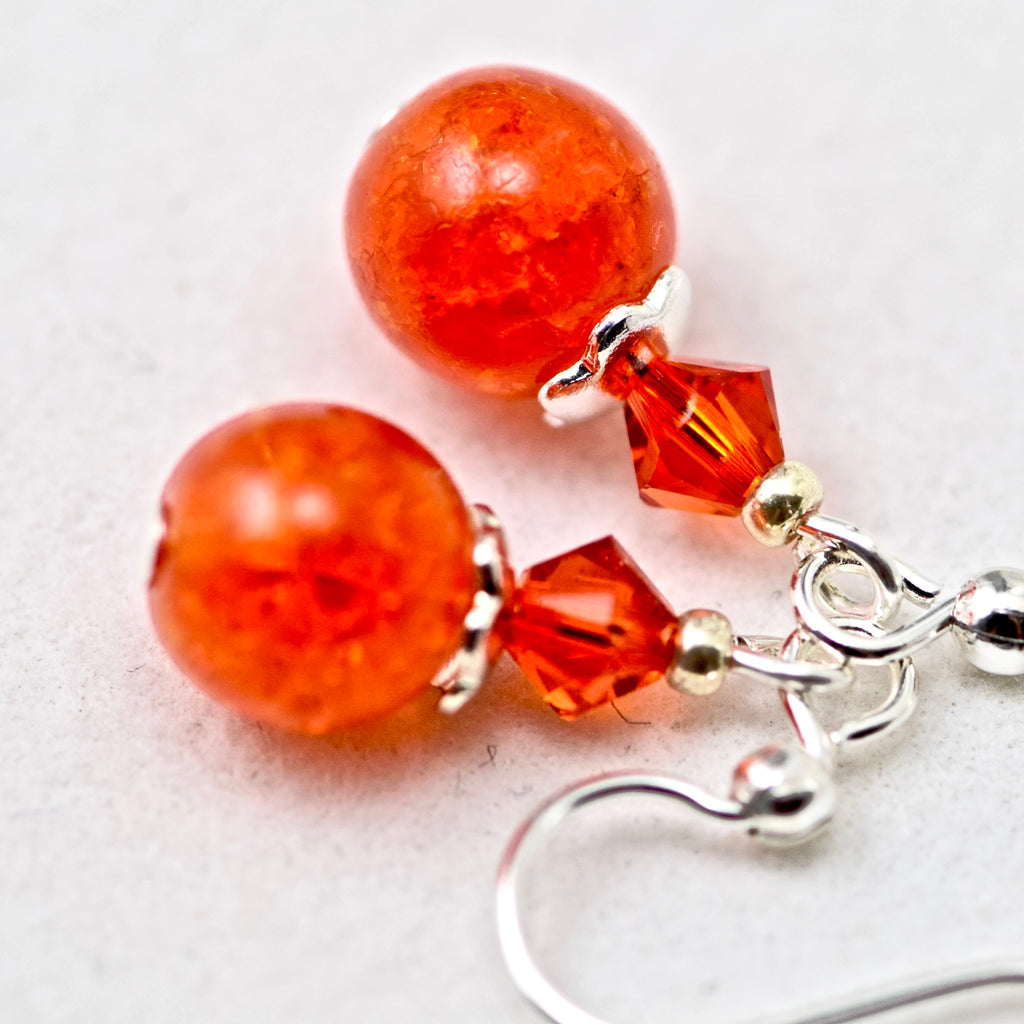 Orange Crackle Glass Crystals Silver Earrings