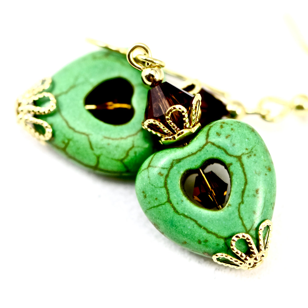 Green Gemstone Hearts Crystals Gold Earrings