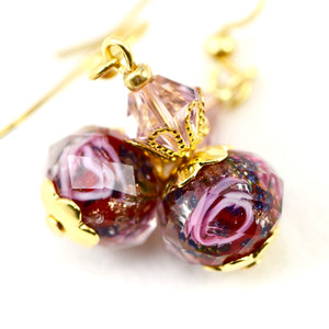 Red Lavender Lampwork Glass Crystal Gold Earrings