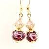 Red Lavender Lampwork Glass Crystal Gold Earrings