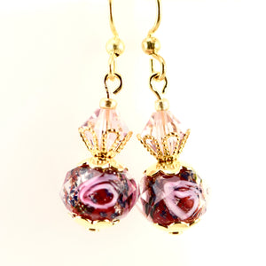 Red Lavender Lampwork Glass Crystal Gold Earrings