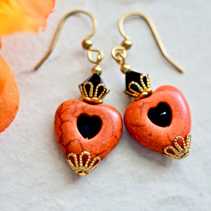 Pumpkin Orange Gemstone Hearts Crystals Gold Earrings